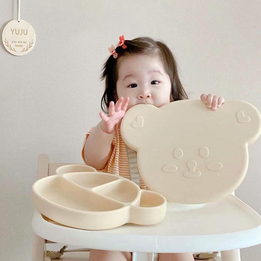 Baby Dinner Plate  Suption Cup Type  Baby Silicone Cutely Bear Divided Plate Children's Carton Learn To Eat Complementary Food Bowl			 2