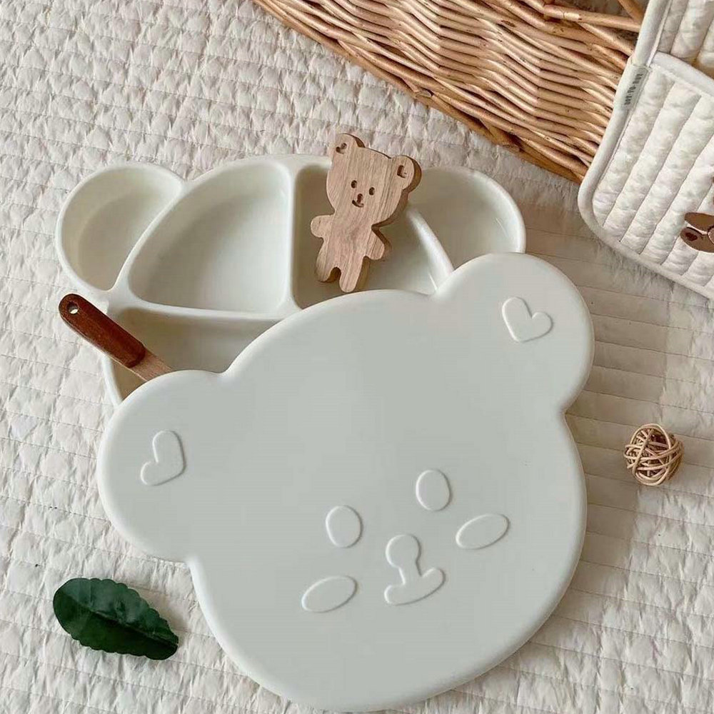 Baby Dinner Plate  Suption Cup Type  Baby Silicone Cutely Bear Divided Plate Children's Carton Learn To Eat Complementary Food Bowl			 4