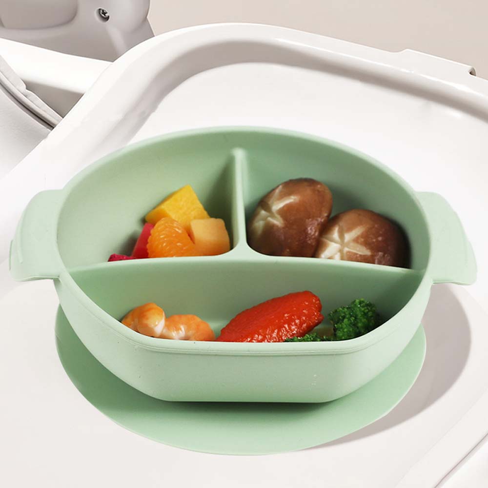 Baby integrated with suction cup compartment food tray fork and spoon feeding cutlery set children's silicone dinner plate 4