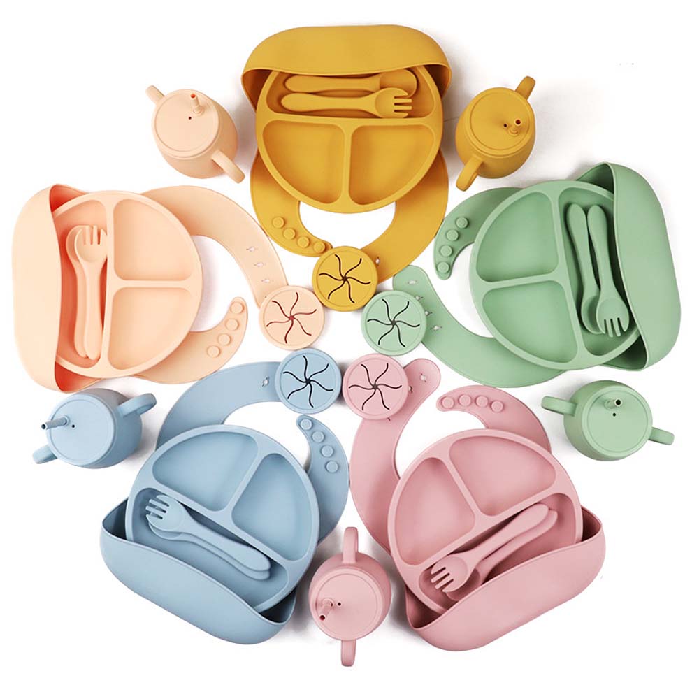 Silicone set full set of children's meal plate divider plate baby bib baby plate complementary food mother and baby products
