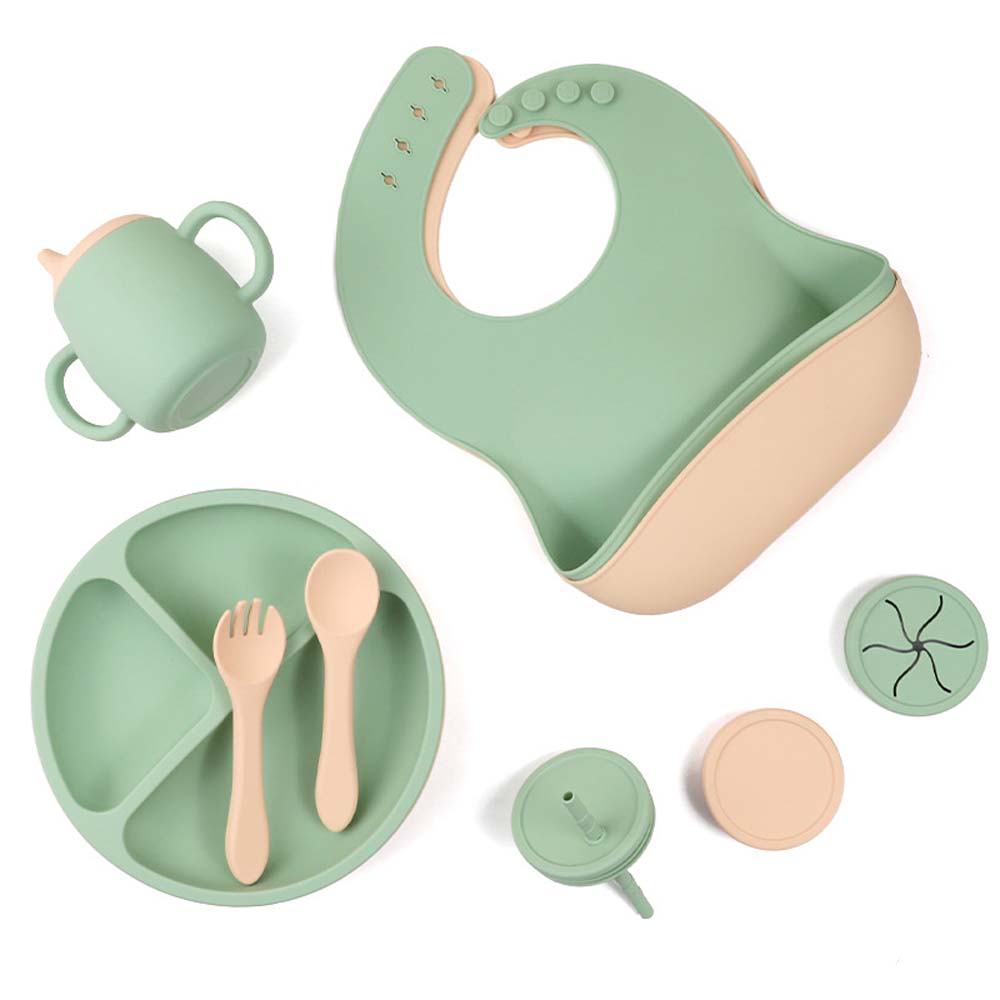 Silicone set full set of children's meal plate divider plate baby bib baby plate complementary food mother and baby products 6