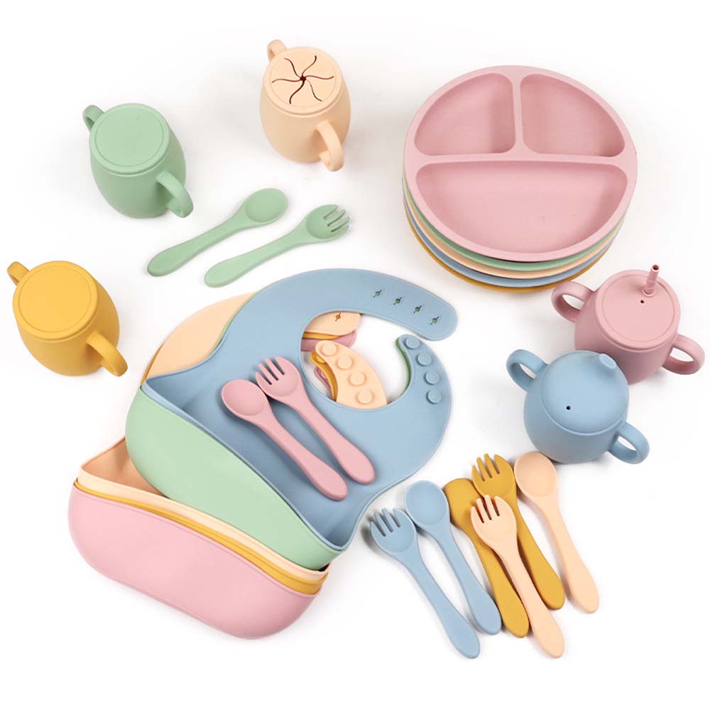 Silicone set full set of children's meal plate divider plate baby bib baby plate complementary food mother and baby products 7